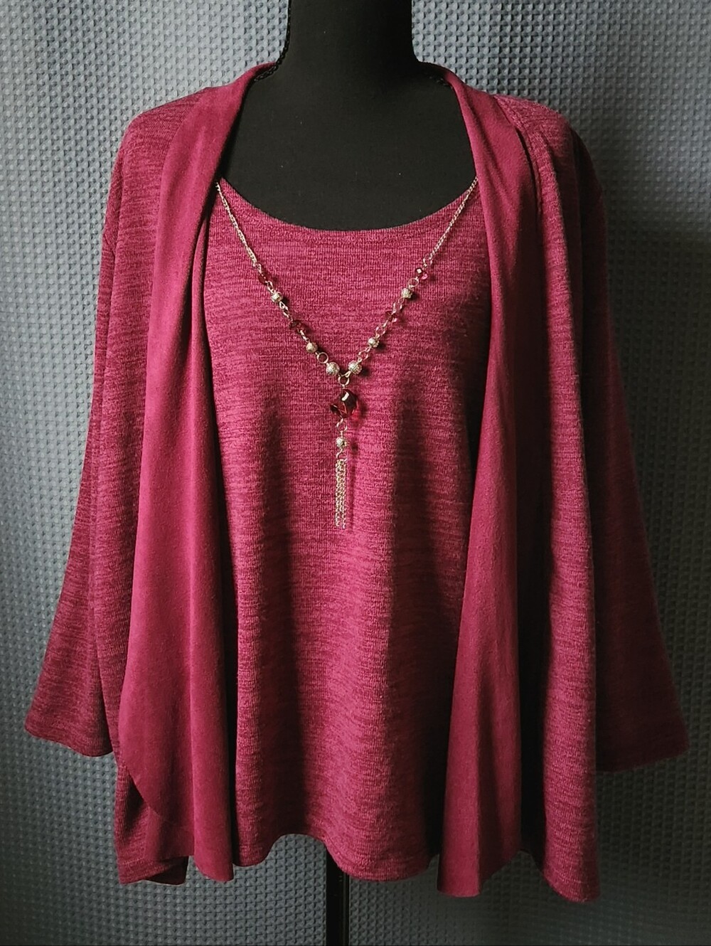 Alfred Dunner Burgundy Blouse W/ Attached Cardigan And Necklace